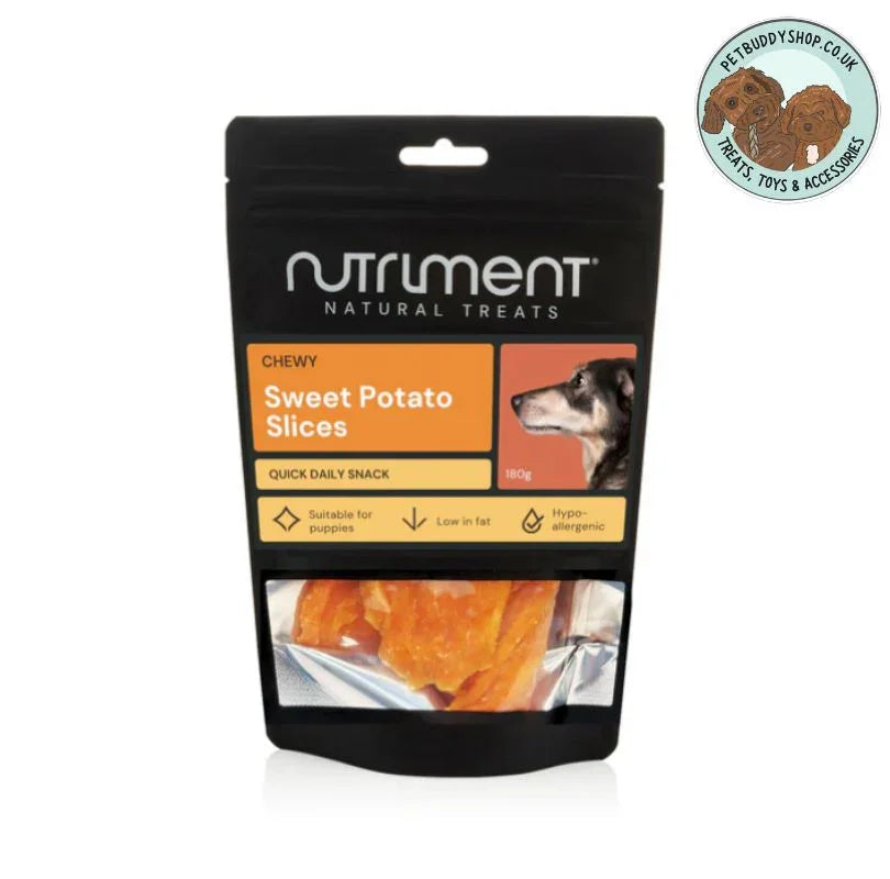 Nutriment Sweet Potato Dog Treats, vegan and low fat. Available at PetBuddy.