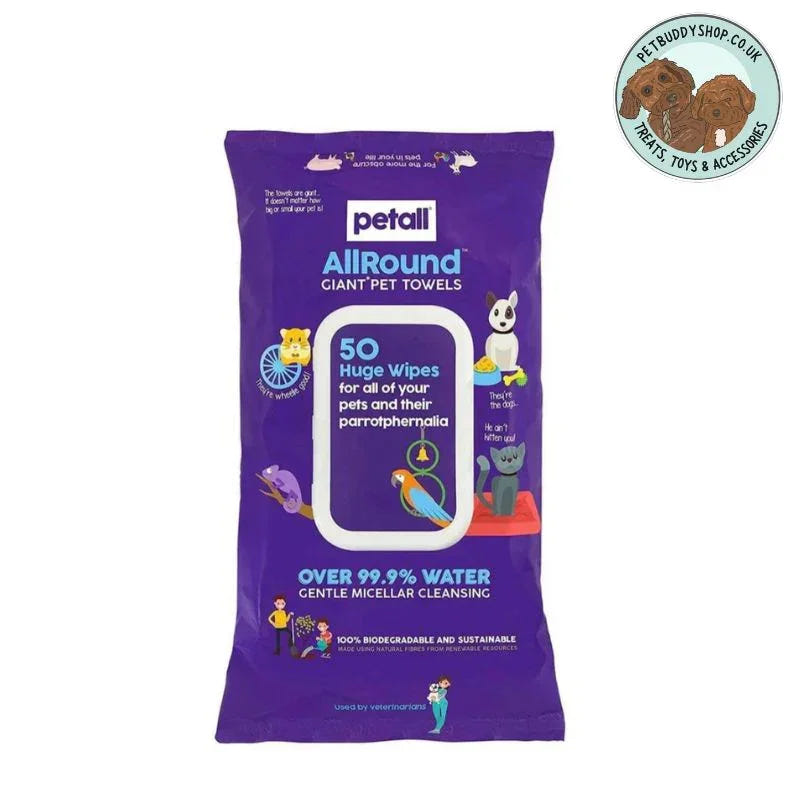 Package of 50 Petall All Round Giant Pet Towels, large wet wipes perfect for cleaning dogs on the go.