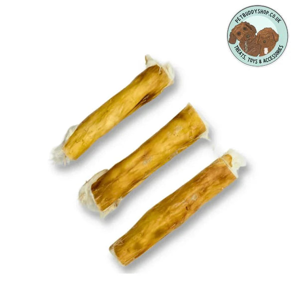 Three pieces of rolled rabbit skin with fur on a white background with the PetBuddy logo in the corner