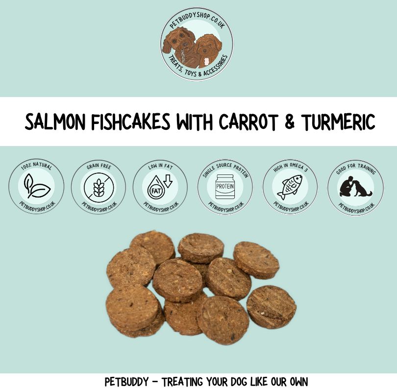 Green & Wilds Salmon Fishcakes with Carrot & Turmeric, the perfect training treat for dogs,.