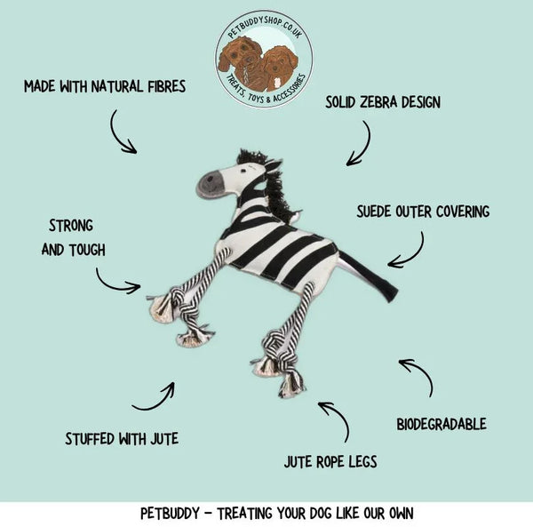 zambezi the zebra tough dog toy for strong chewers