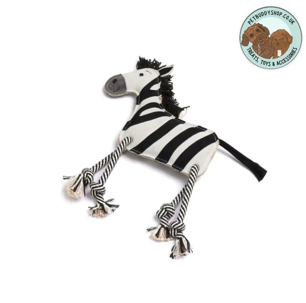 Zambezi the Zebra eco dog toy made from natural jute and suede with rope legs and tail
